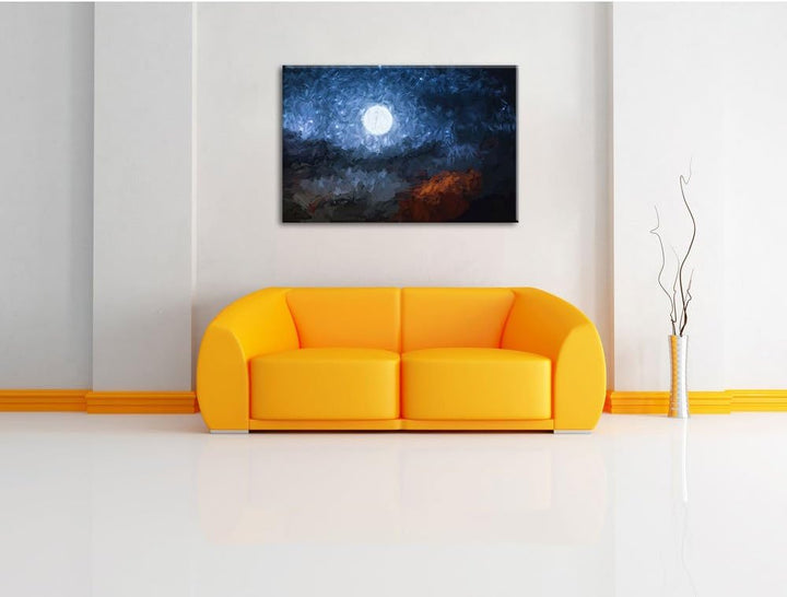 Pixxprint Leuchtender Mond am Nachthimmel Kunst Pinsel Effekt, Format: 100x70 auf Leinwand, XXL ries