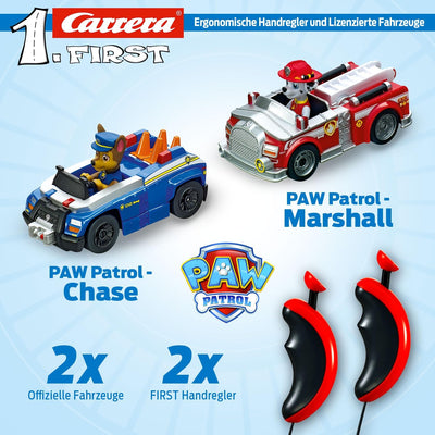 PAW Patrol Carrera First Rennbahnset | Chase & Marshall | 2,4m Strecke | Kreisel für extra Spielpass