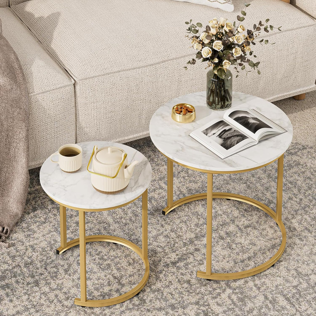 HEYZOEY Couchtisch Rund 2er Set, Wohnzimmertisch, Beistelltische Gold Metall, Kaffeetisch für Sofati