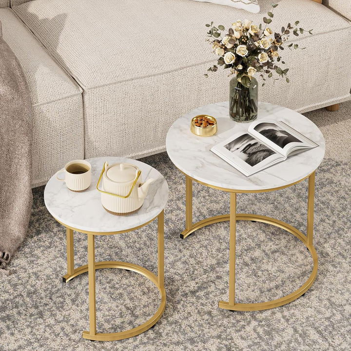 HEYZOEY Couchtisch Rund 2er Set, Wohnzimmertisch, Beistelltische Gold Metall, Kaffeetisch für Sofati