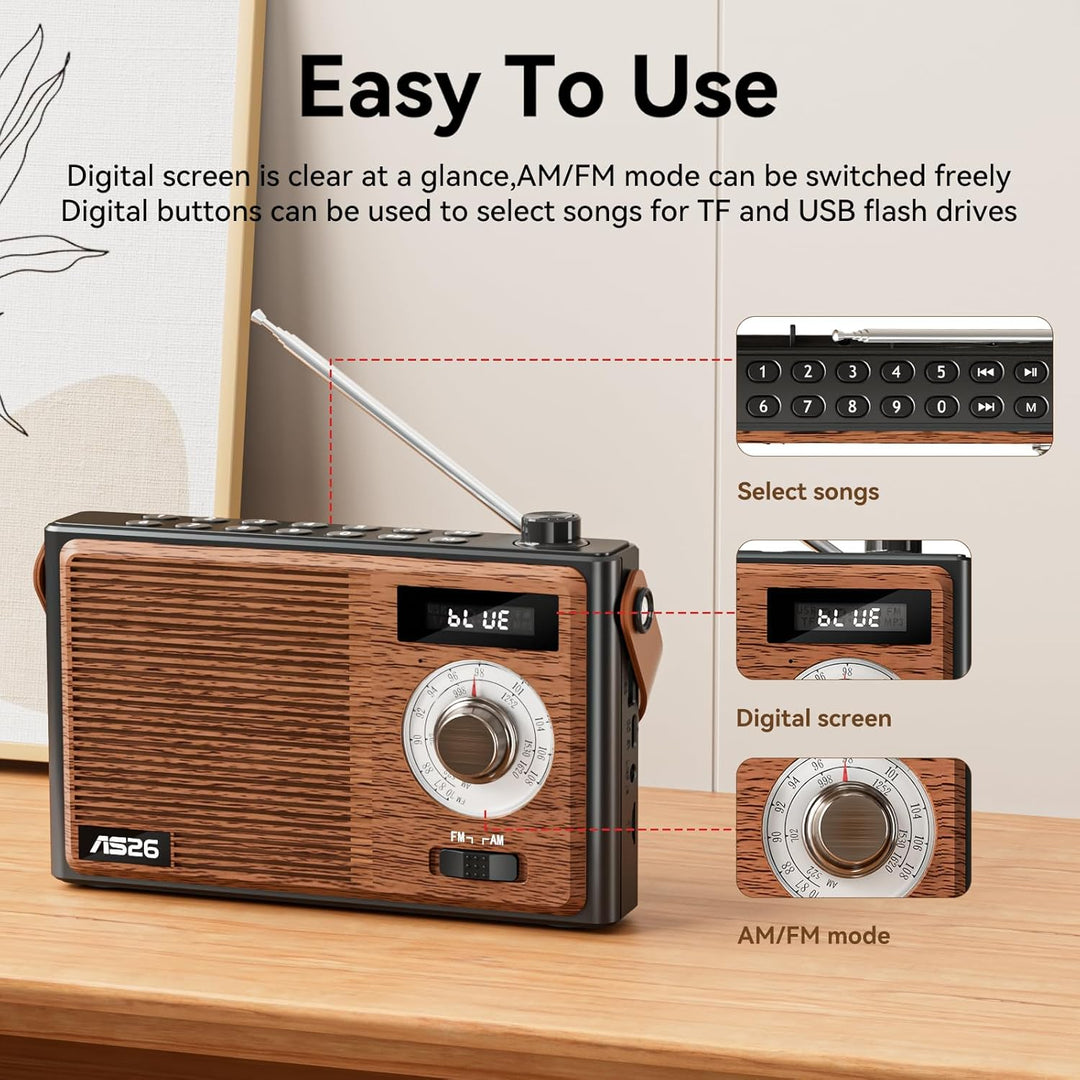 COLSUR Retro Radio mit Bluetooth Lautsprecher, Tragbarer Vintage Radio mit AM/FM Radios mit Batterie