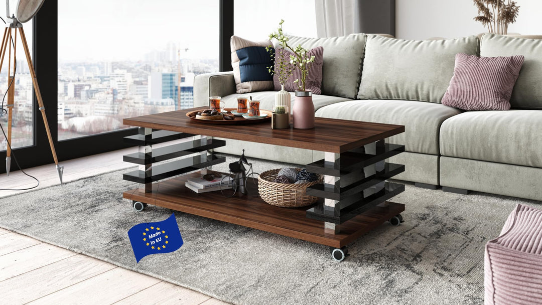 Design Couchtisch DC-3 Tisch Wohnzimmertisch mit Rollen 120x60x40 / 45, Farbe:Nussbaum - Schwarz Hoc