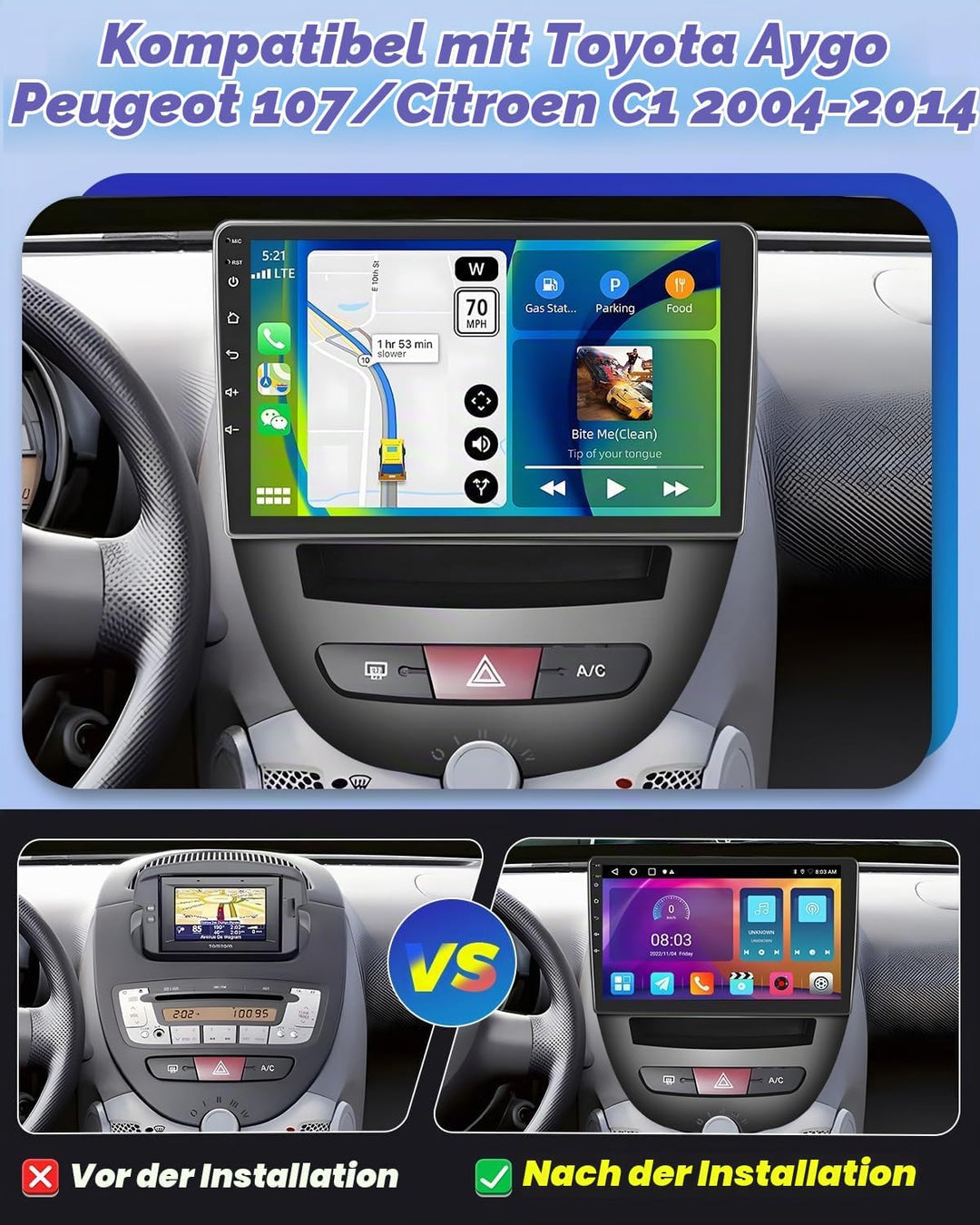 Hikity 2+64GB Android 15 Autoradio für Toyota Aygo/Peugeot 107/Citroen C1 2004-2014 Radio Wireless C