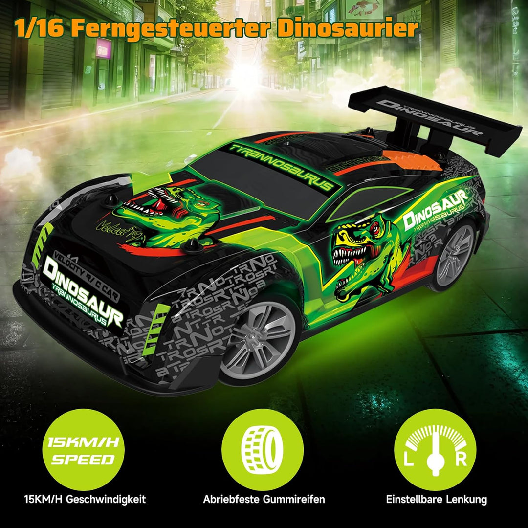 Ferngesteuertes Auto ab 3 4 5 6 Jahre, Dinosaurier Spielzeug mit Licht und Musik, 15KM/H 1/16 Fernge