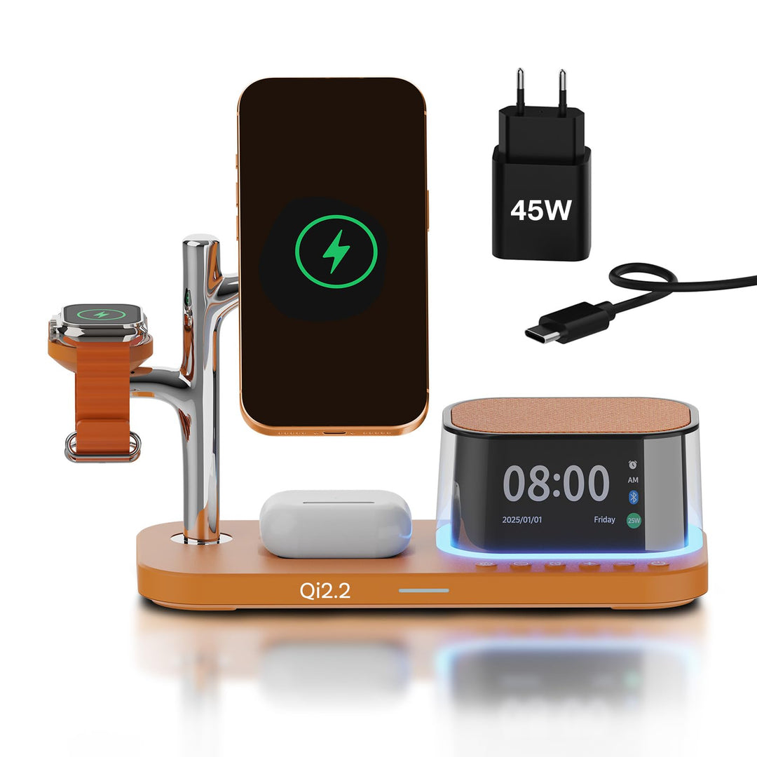 Kabellose Ladestation 5-in-1 mit Wecker, Bluetooth-Lautsprecher & LED-Nachtlicht für MagSafe von MMO