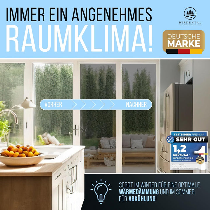 Birkental Sonnenschutzfolie Fenster innen oder aussen - UV Schutz Spiegelfolie - Hitzefolie - Fenste