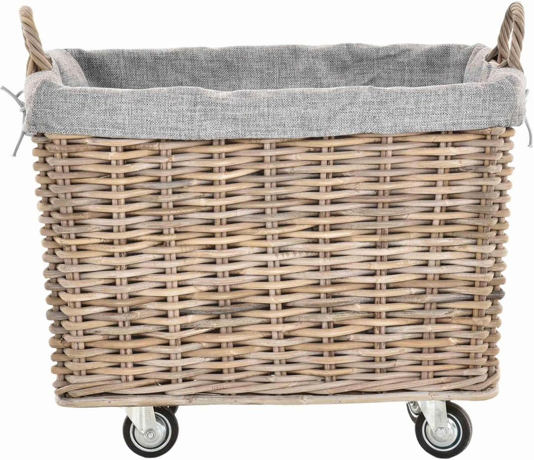 Stabiler Kaminholzkorb Flechtkorb mit Inlett Roll Holzkorb Rollkorb Natur-Rattan (Natur-Grau mit Rol