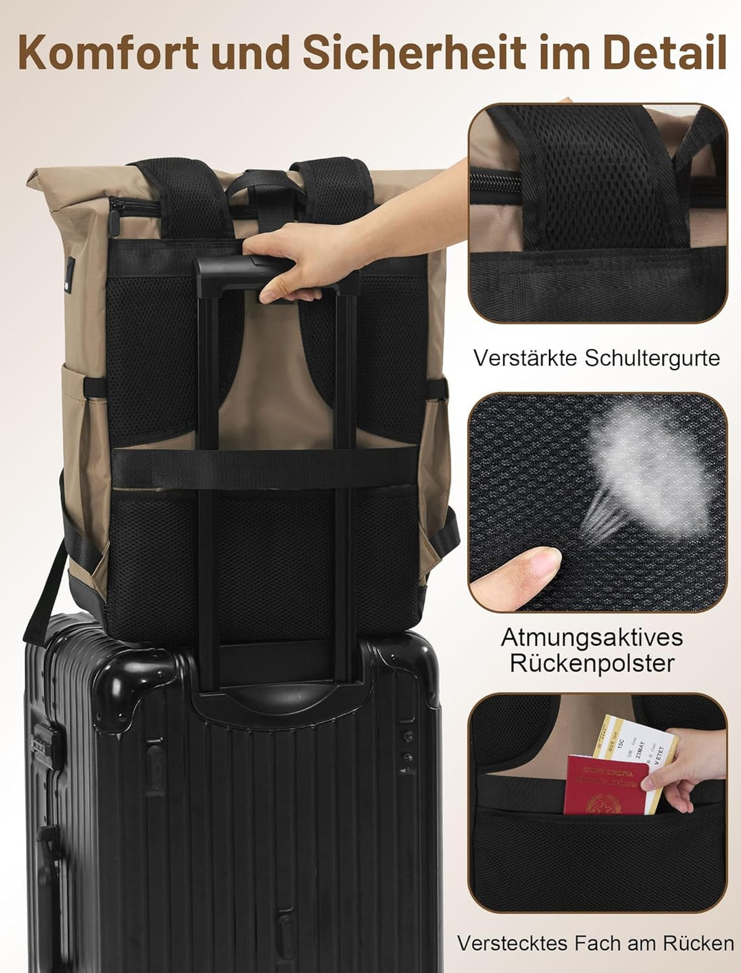 Rucksack Damen & Herren, 24-30L Rolltop Rucksack Laptoprucksack mit 17 Zoll Laptopfach & USB Anschlu