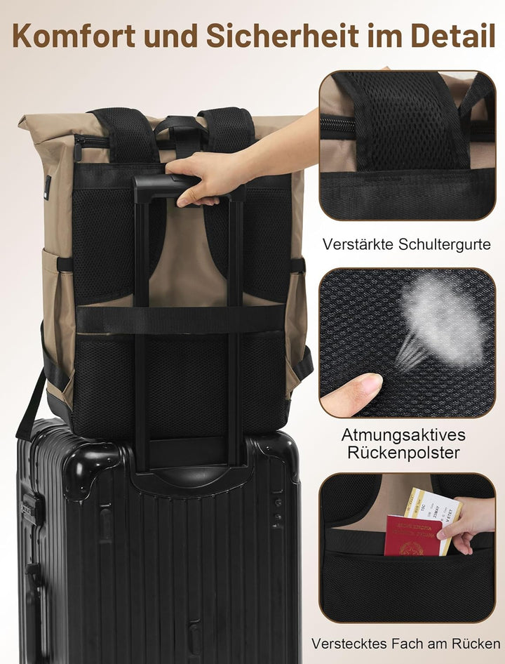 Rucksack Damen & Herren, 24-30L Rolltop Rucksack Laptoprucksack mit 17 Zoll Laptopfach & USB Anschlu