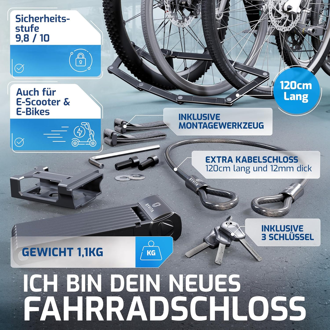 BYVITA Faltschloss Fahrrad 120cm inkl. Kabelschloss, Halterung & Zubehör | Fahrradschloss Faltschlos