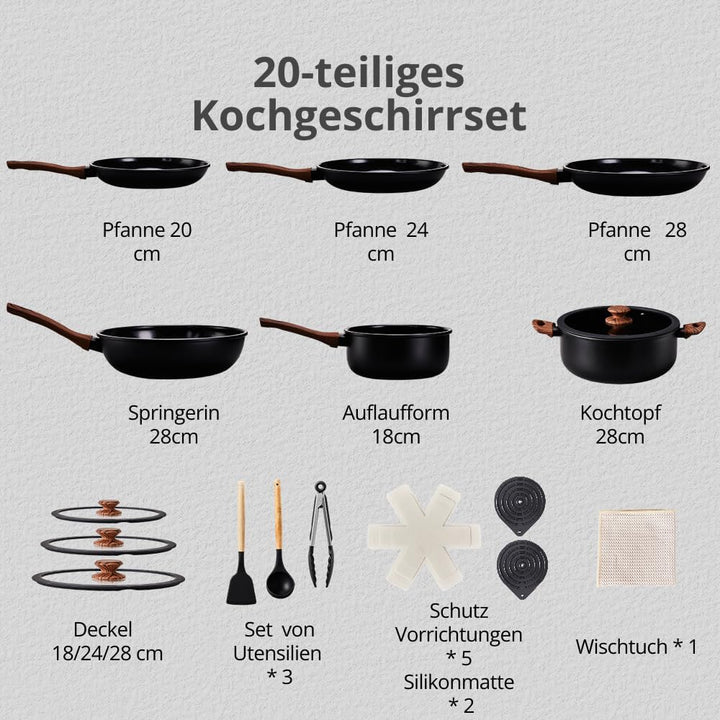 LEADZM Keramik Topfset Induktion，Pfannenset，Kochtopf Set mit Deckel，Induktions Töpfe Set，20-Teilig，A