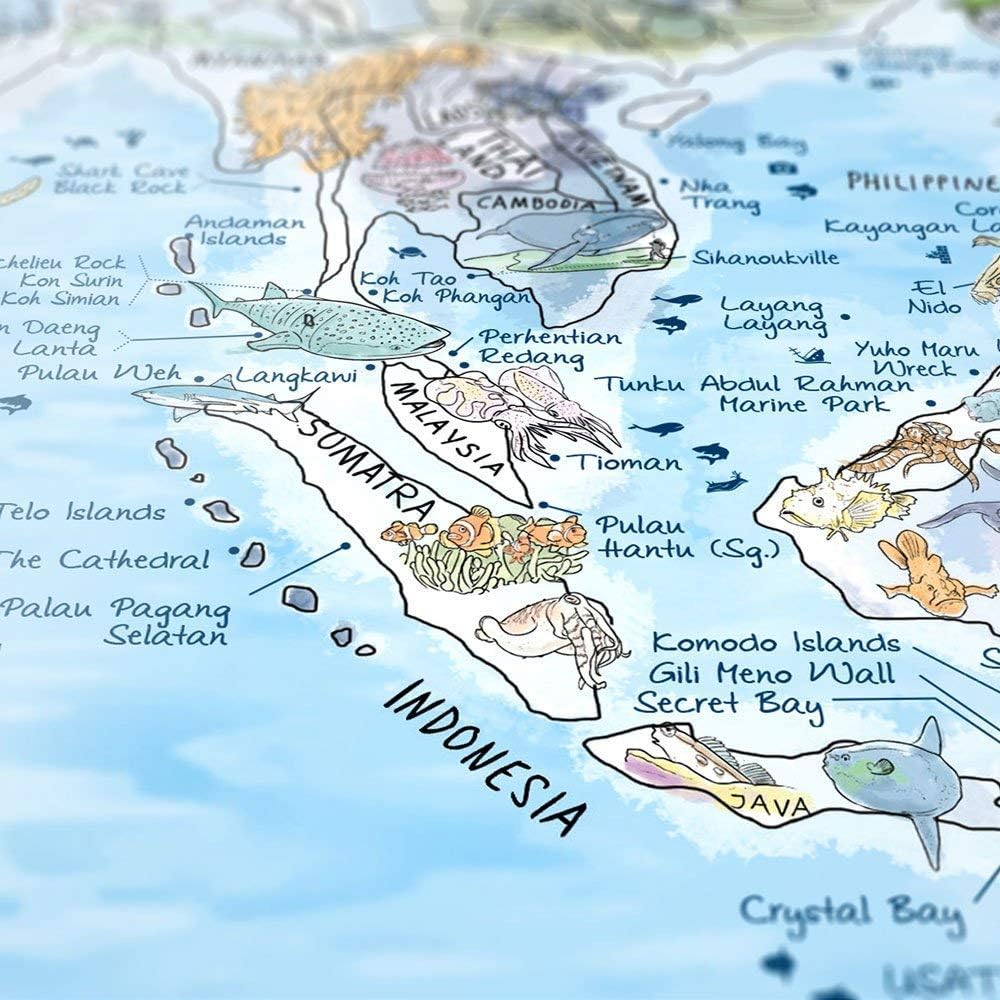 Tauch Weltkarte | AWESOME MAPS | Entdecke die 300 spektakulärsten Spots zum Tauchen - 97,5 x 56cm Po