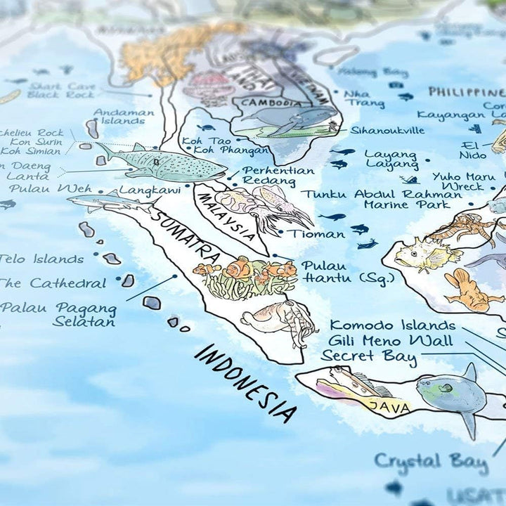 Tauch Weltkarte | AWESOME MAPS | Entdecke die 300 spektakulärsten Spots zum Tauchen - 97,5 x 56cm Po