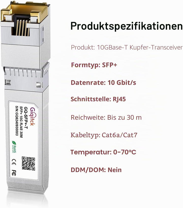 10GBASE-T SFP+ auf RJ45 Transceiver, 1.25G/2.5G/5G/10G Kupfer SFP+ Mini-GBIC Modul für Cisco SFP-10G