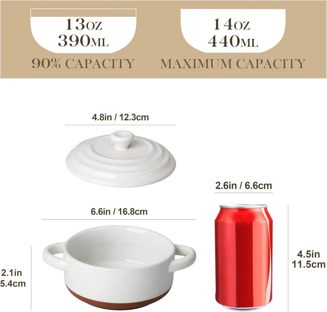 MALACASA Mini Cocotte Set 440 ml, 4 Stück Auflaufform Klein aus Steingut mit Deckel und Griffen, Kle