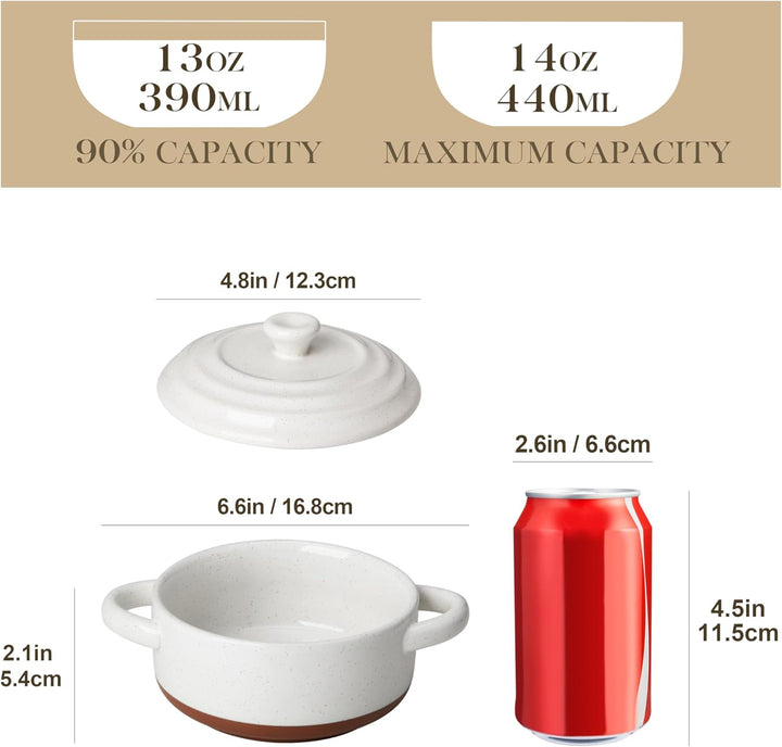 MALACASA Mini Cocotte Set 440 ml, 4 Stück Auflaufform Klein aus Steingut mit Deckel und Griffen, Kle