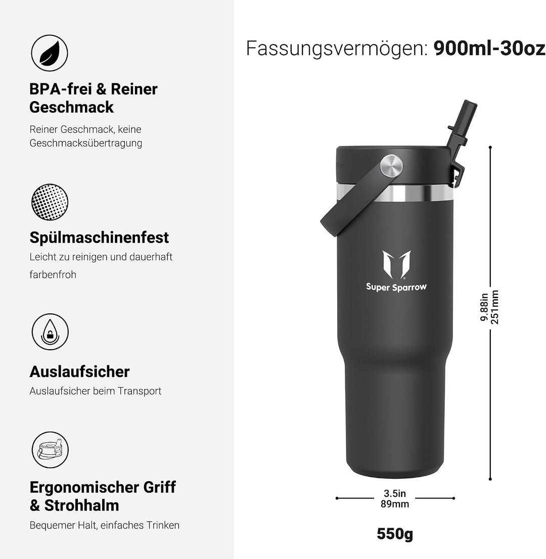Sparrow Trinkflasche Edelstahl - Twistpath Thermosflasche mit Flex-Strohhalmdeckel - 900ml - BPA-fre