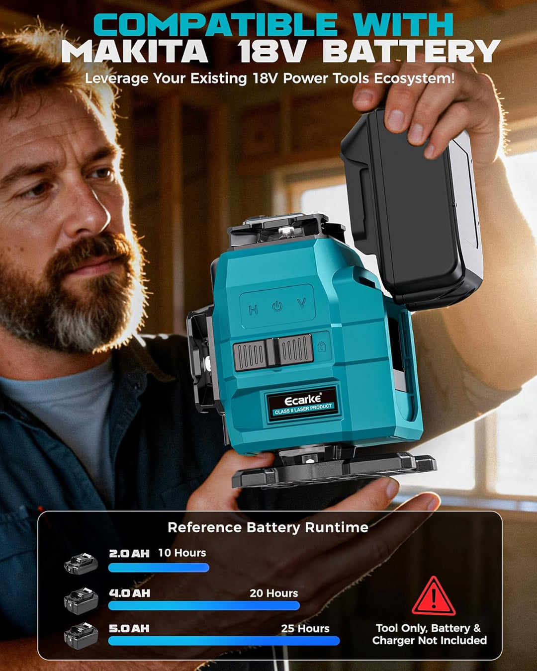 Ecarke 4D Kreuzlinienlaser Grün 16 Linien 4x360° mit Stativ, kompatibel mit Makita 18V Akku, Selbstn