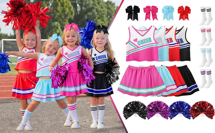 ReliBeauty Cheerleader Kostüm Kinder Kleid mit Pompoms und Kopfschmuck Rot (Neu) 104 (Etikett 100),