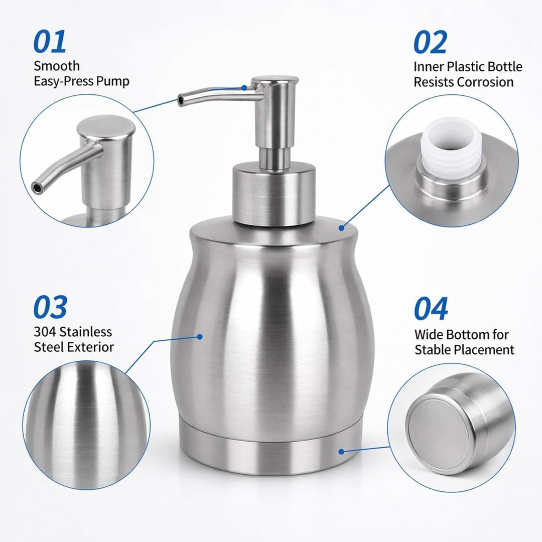 LALA DOLCE Edelstahl Arbeitsplatte Seifenspender Flüssigflasche und Pumpe, Geeignet für verschiedene