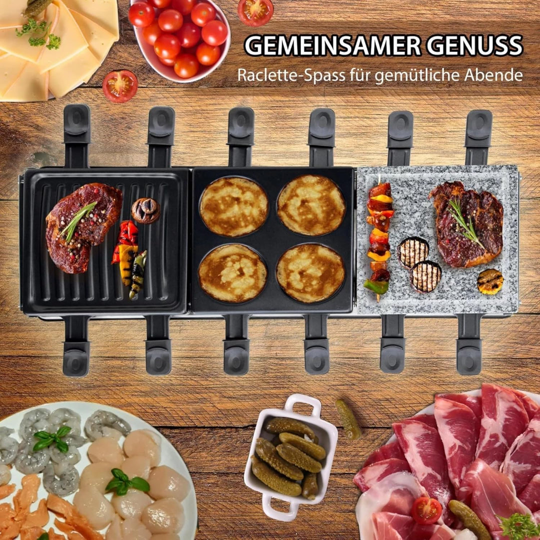 Syntrox Raclette Grill 12 Personen, 1350W Multifunktion 4-in-1 mit Heisser Stein Grillplatte Pancake