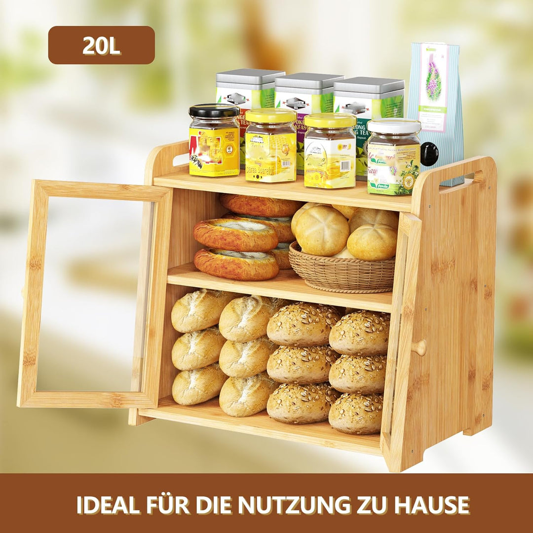 AMBIRD Bambus Brotkasten 20L - Grosse Kapazität mit klaren Acryl-Türen - Doppelschichtige Brot-Lager