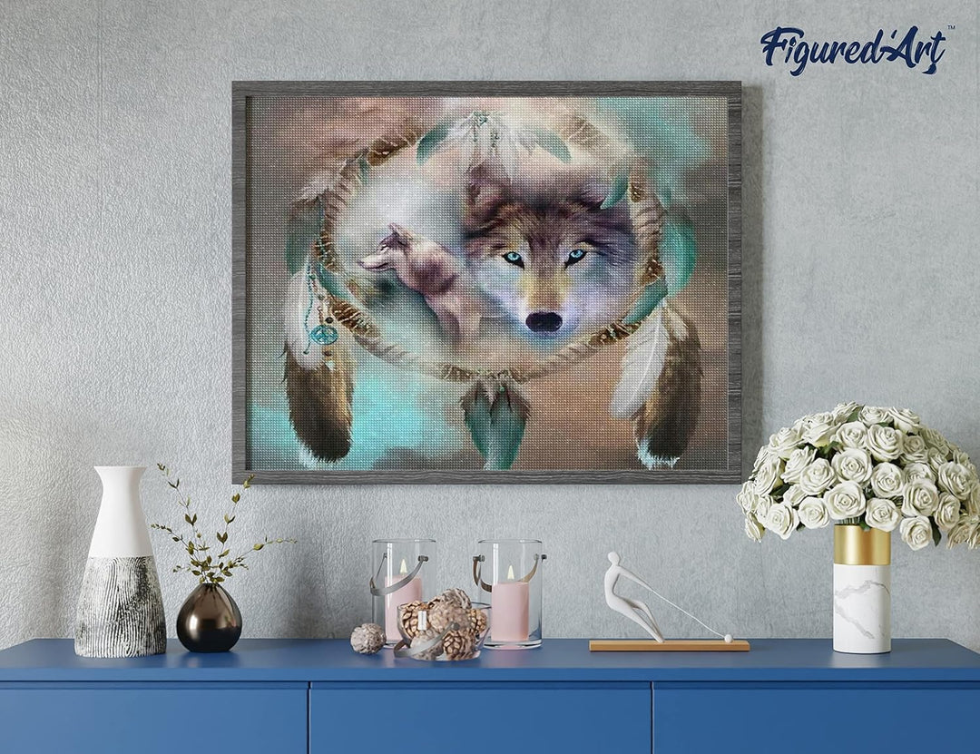 Figured'Art Diamond Painting Erwachsene 40x50cm Ganze Leinwand gerollt Wölfe und Federn 5D Bilder Ec