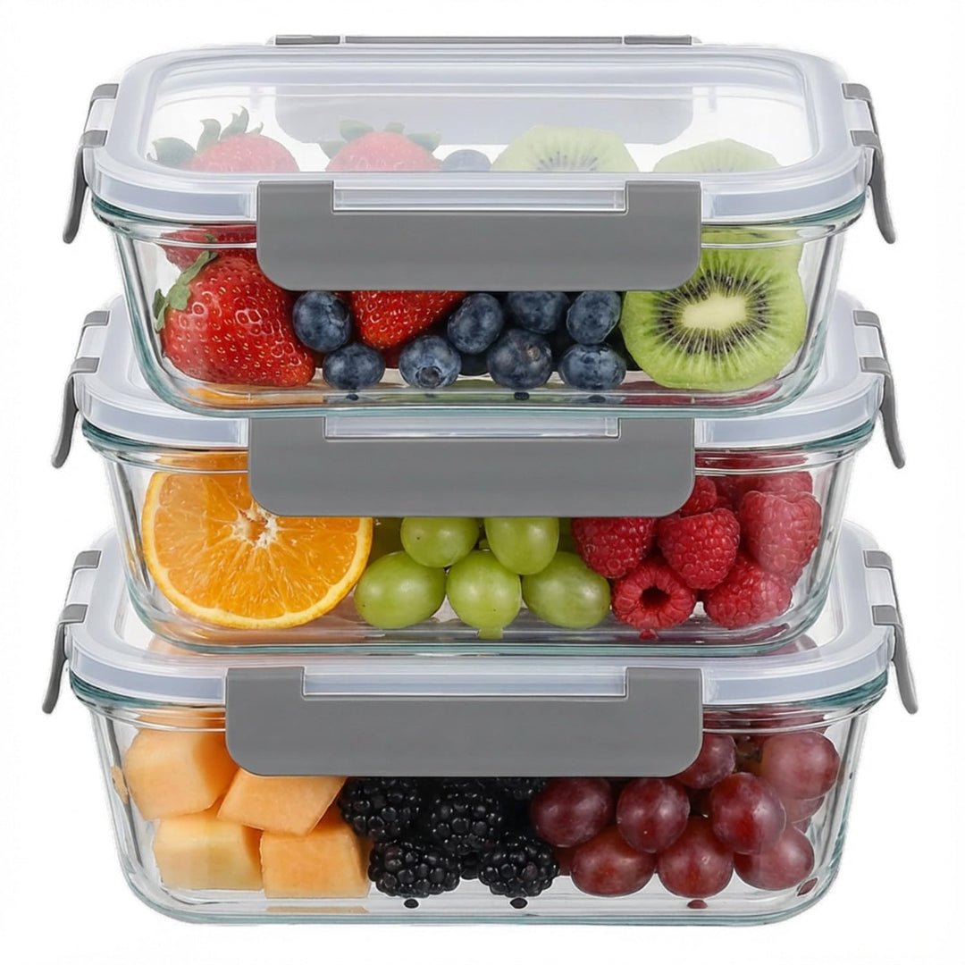 Glasbehälter mit Deckel, 3-teilig Meal Prep Boxen & Frischhaltedosen 3x1040ml aus Borosilikatglas, B