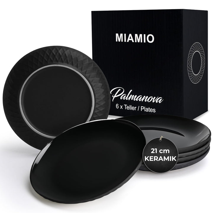 MIAMIO - 6er Geschirrset/Teller Set modern aus Keramik für 6 Personen - Palmanova Kollektion (Schwar