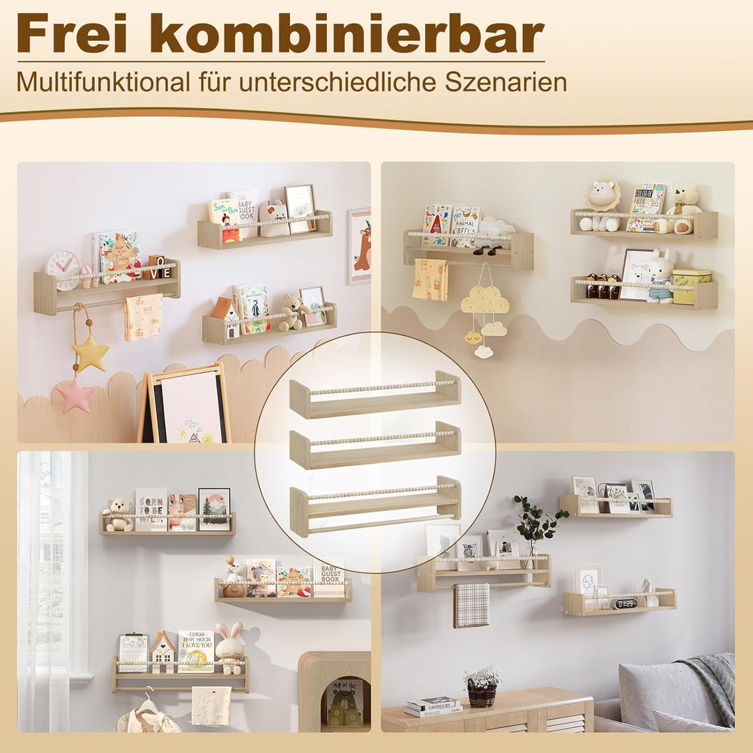 WOLTU 3er Set Kinder Bücherregal Wand, 60cm Wandregal Kinderzimmer, aus Massivholz, Hängeregal Schwe