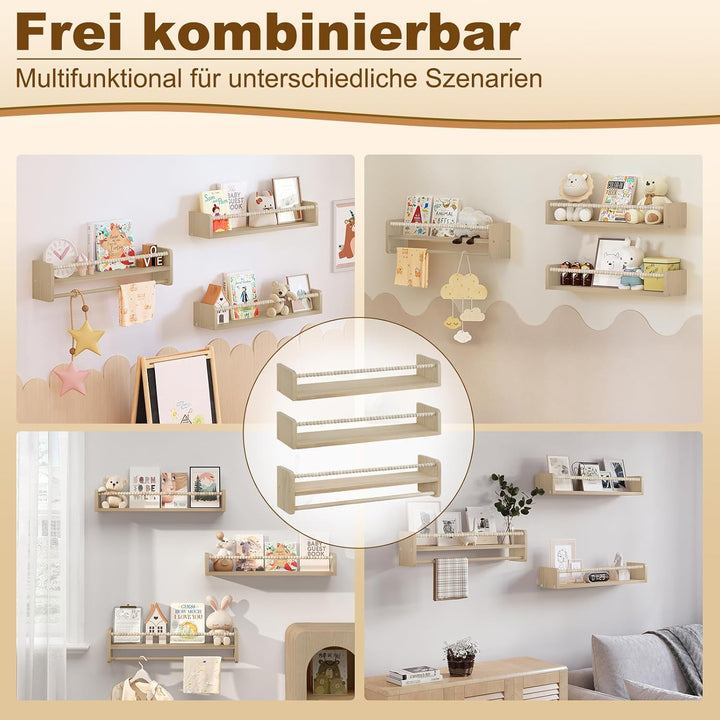 WOLTU 3er Set Kinder Bücherregal Wand, 60cm Wandregal Kinderzimmer, aus Massivholz, Hängeregal Schwe