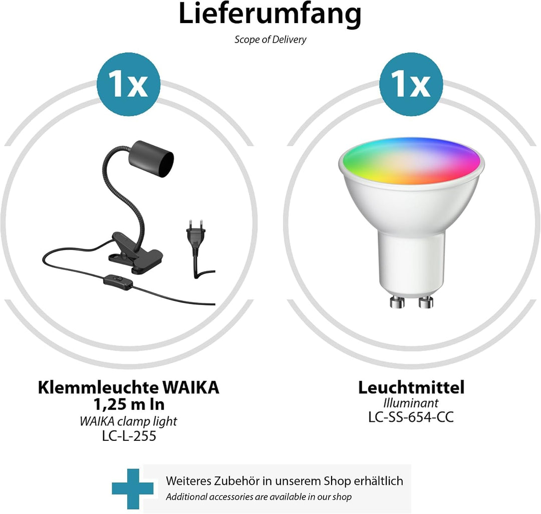 ledscom.de 2x Klemmleuchte WAIKA mit Schwanenhals und Schalter schwarz matt, inkl. Smart Home RGBW G