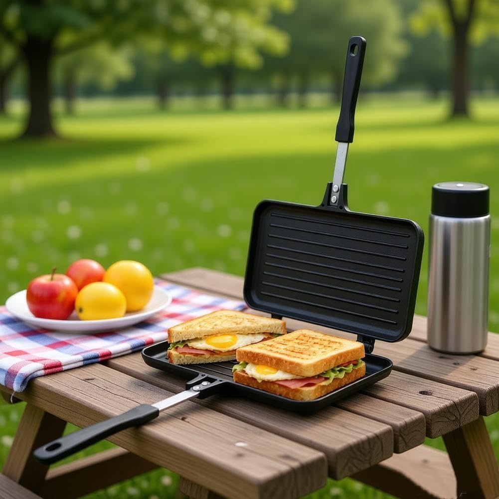 Sandwichmaker Camping, Aluminium Doppelseitige Sandwich Bratpfanne Antihaft Toastpfanne mit Hitzebes