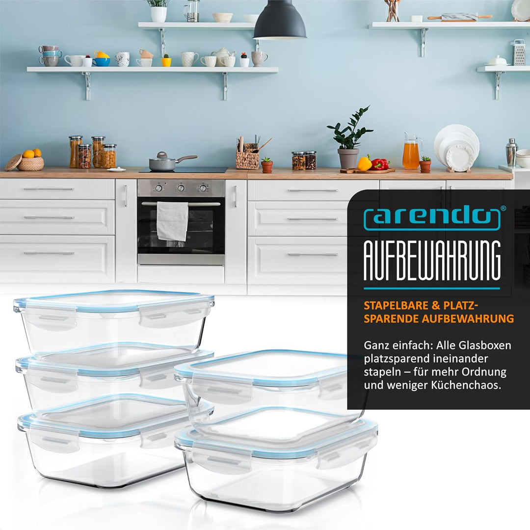Arendo - Glas Frischhaltedosen Vorratsdosen für Lebensmittel mit Deckel luftdicht - 5er Set - 1050 m