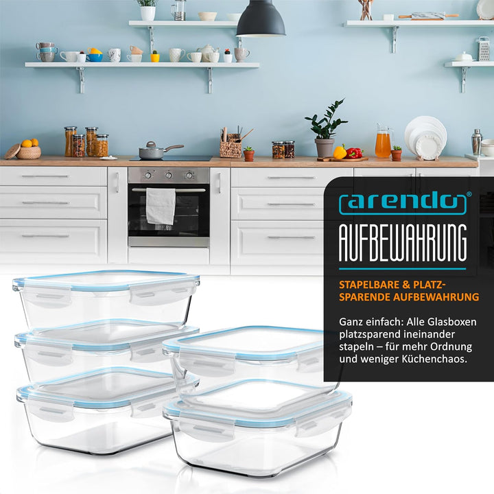 Arendo - Glas Frischhaltedosen Vorratsdosen für Lebensmittel mit Deckel luftdicht - 5er Set - 1050 m