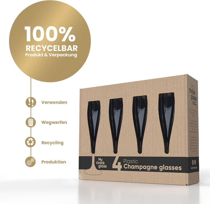 MyDrinkglass Sektgläser Plastik Givet | Schwarz Champagner Gläser | 4 Stück | Kunststoff Gläser | Ca