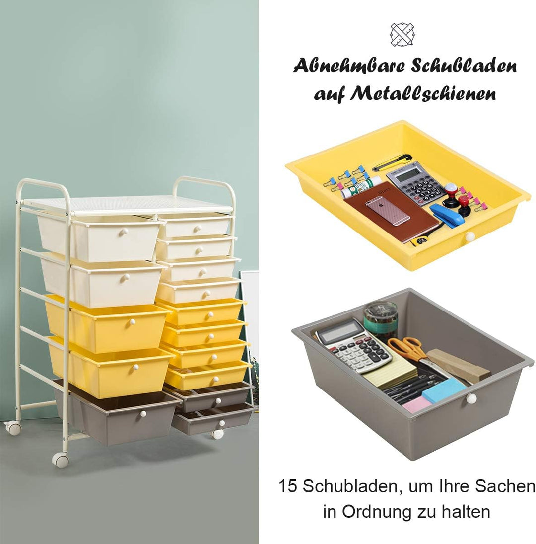 COSTWAY Rollwagen mit 15 stapelbaren Schubladen, Schubladenwagen Rollcontainer mit Metallgestell und