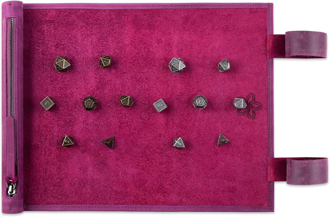 Melia Games RPG Würfelmatte zum Rollen inklusive Würfel Set - handgefertigte Würfelunterlage aus Ech