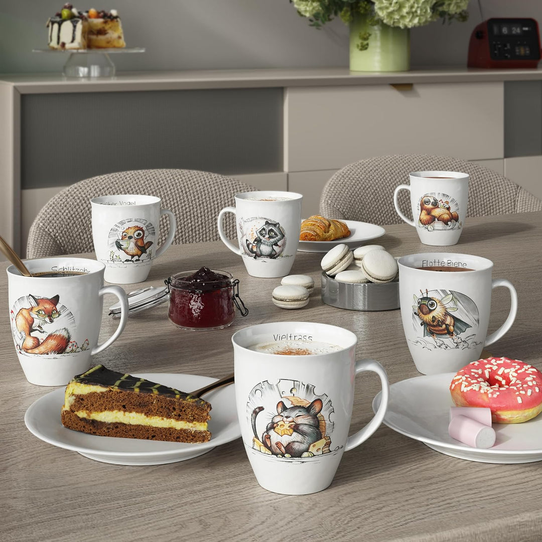 L.E.R.D.93 Tassen 6er Set mit Tiermotiven Fuchs Waschbär Faultier Biene Vogel Maus Made in Germany P