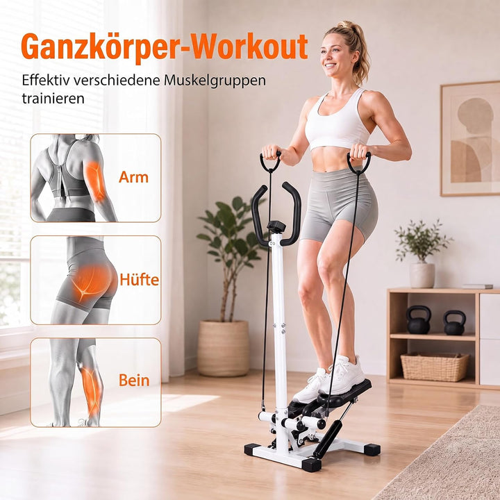 COSTWAY Mini Stepper mit Lenker, leise &amp; rutschfest | Fitness-Stepper mit Widerstandsbändern &amp; LCD D