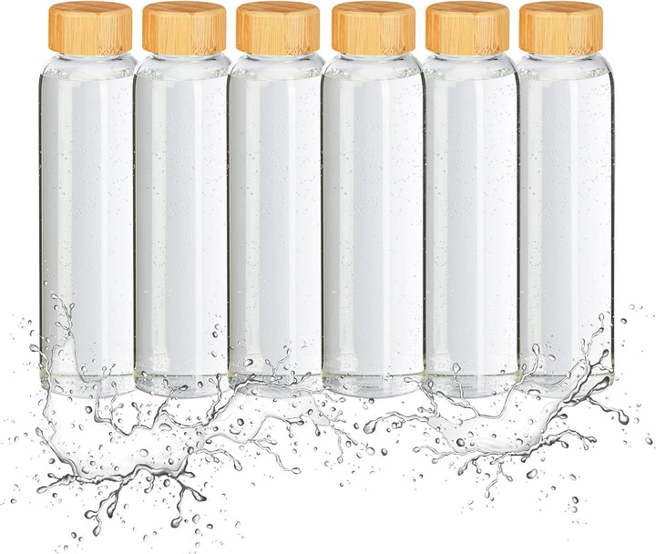 Relaxdays Trinkflasche mit Bambusdeckel, 6er Set, 500 ml, Wasserflasche mit Hülle, Borosilikatglas,