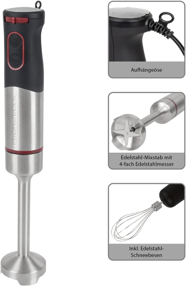 ProfiCook Stabmixer/Pürierstab/Handmixer | 2in1- Set | Edelstahl-Schneebesen | ideal für Smoothies/C
