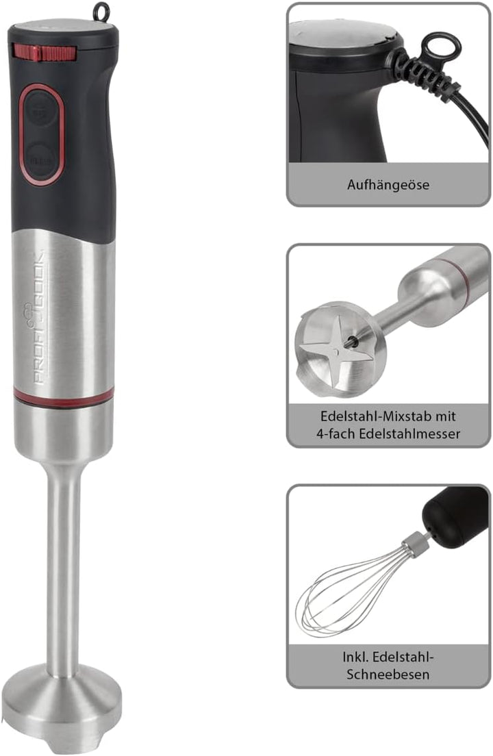 ProfiCook Stabmixer/Pürierstab/Handmixer | 2in1- Set | Edelstahl-Schneebesen | ideal für Smoothies/C
