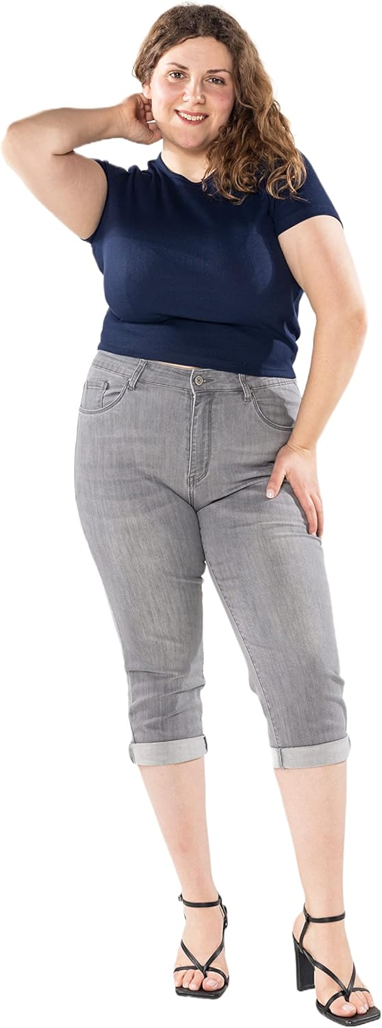P200 Damen Capri Jeanshosen Grosse Grössen HIGH Waist Jeans Sommer Hose Used-Look, 42 Große Gr&
