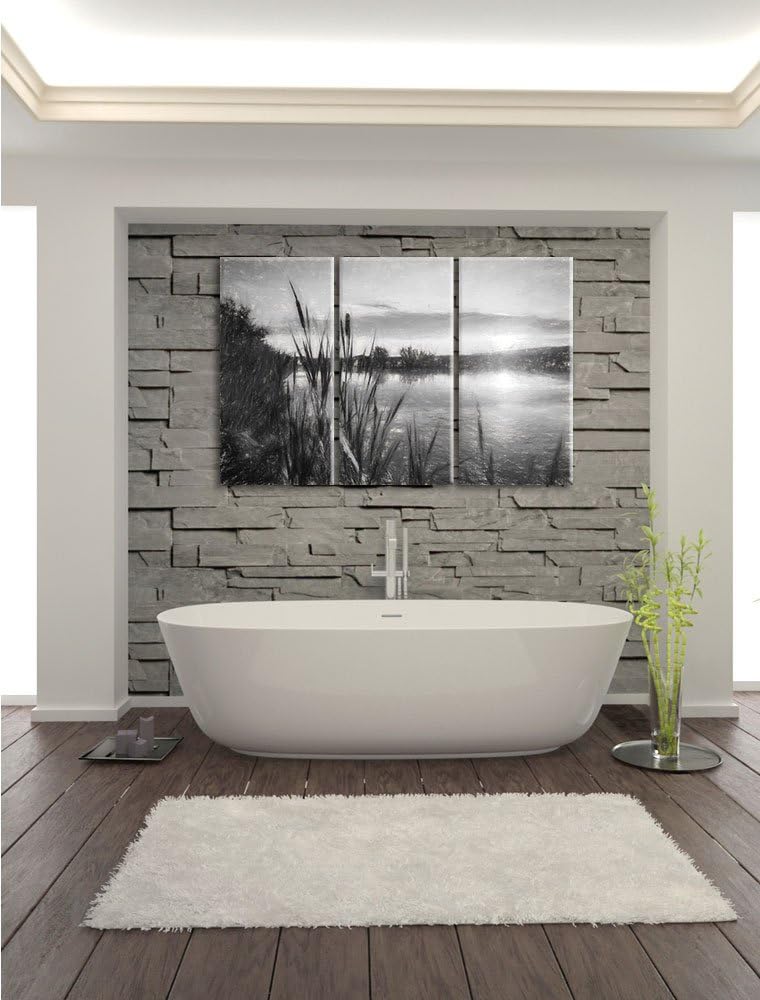 Pixxprint Sonniger Morgen am See Kohle Zeichnung Effekt 3-Teiler Leinwandbild 120x80 Bild auf Leinwa