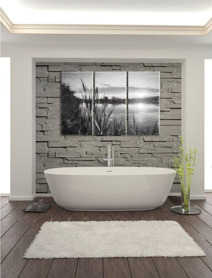 Pixxprint Sonniger Morgen am See Kohle Zeichnung Effekt 3-Teiler Leinwandbild 120x80 Bild auf Leinwa