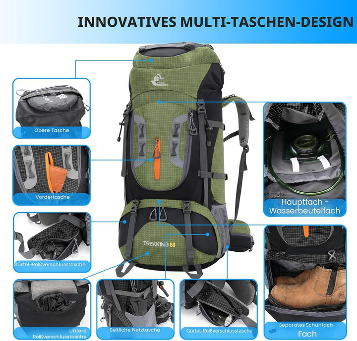 Bseash 80L Wasserdichter Wanderrucksack mit Regenschutz, leichter Outdoor-Sport, Reisen, Tagesrucksa