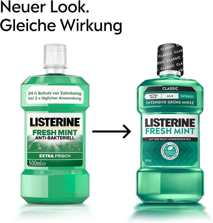 Listerine Fresh Mint (6 x 500 ml), antibakterielle Mundspülung mit ätherischen Ölen für einen frisch