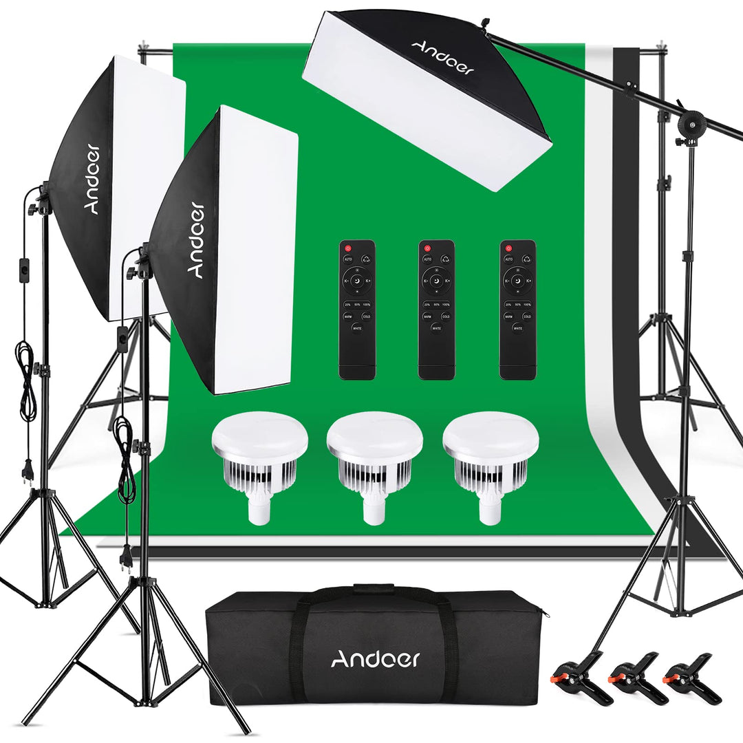 Andoer Fotostudio Set, 2M x 3M Hintergrund Stützsystem mit Softbox, Dauerlicht, Lichtstativ, Galgena