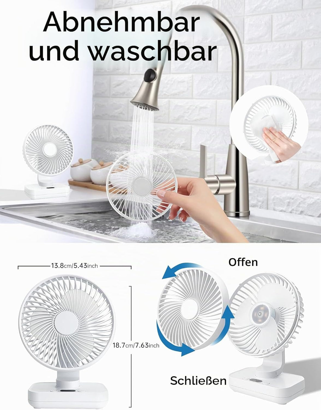 Mini Ventilator Oszillierend Ultra Leise, 4000mAh Akku Klein Tischventilator(4-13h), 4 Geschwindigke